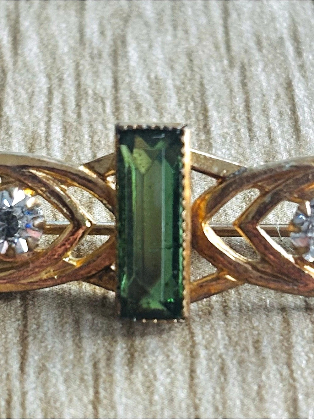Emerald Shape Tourmaline Gemstone in Gold Filagree Brooch